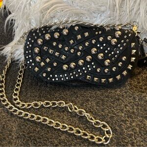 Nicole Lee Black Clutch with Silver Studs and removable Chain